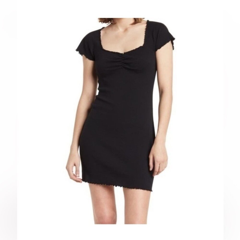 Ruched Black Mini Dress With Lettuce Hem & Cap Sleeves‎ - Casual Womens Outfit